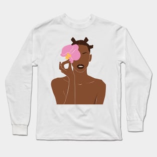 Black Woman Pink Orchid Flower Long Sleeve T-Shirt